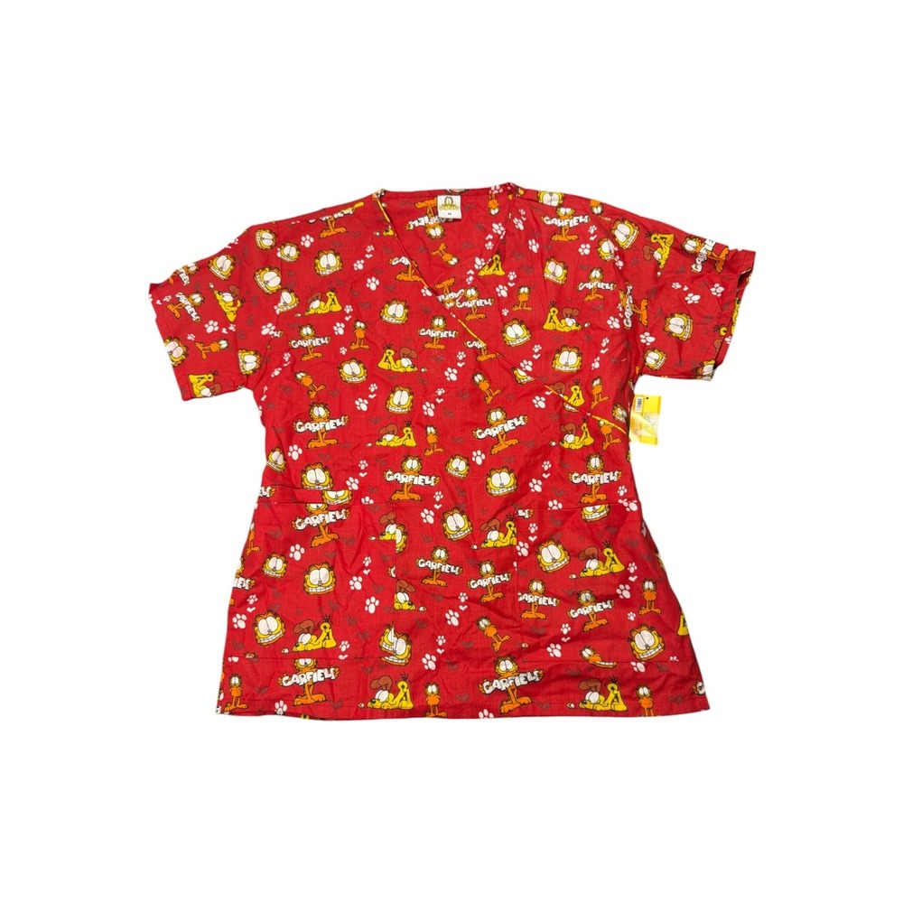 Garfield Odie Red Scrub Top Mock Wrap V-Neck Cartoon Print Medical Uniform M